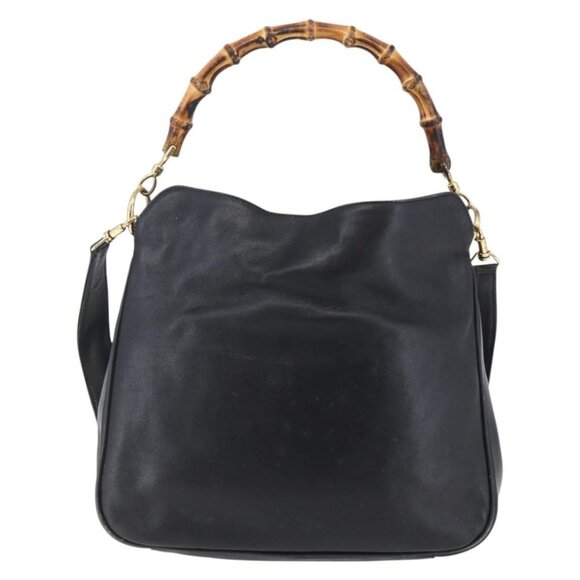 GUCCI Bamboo Shoulder Bag Leather 2way Black Gold Auth - Picture 3 of 16